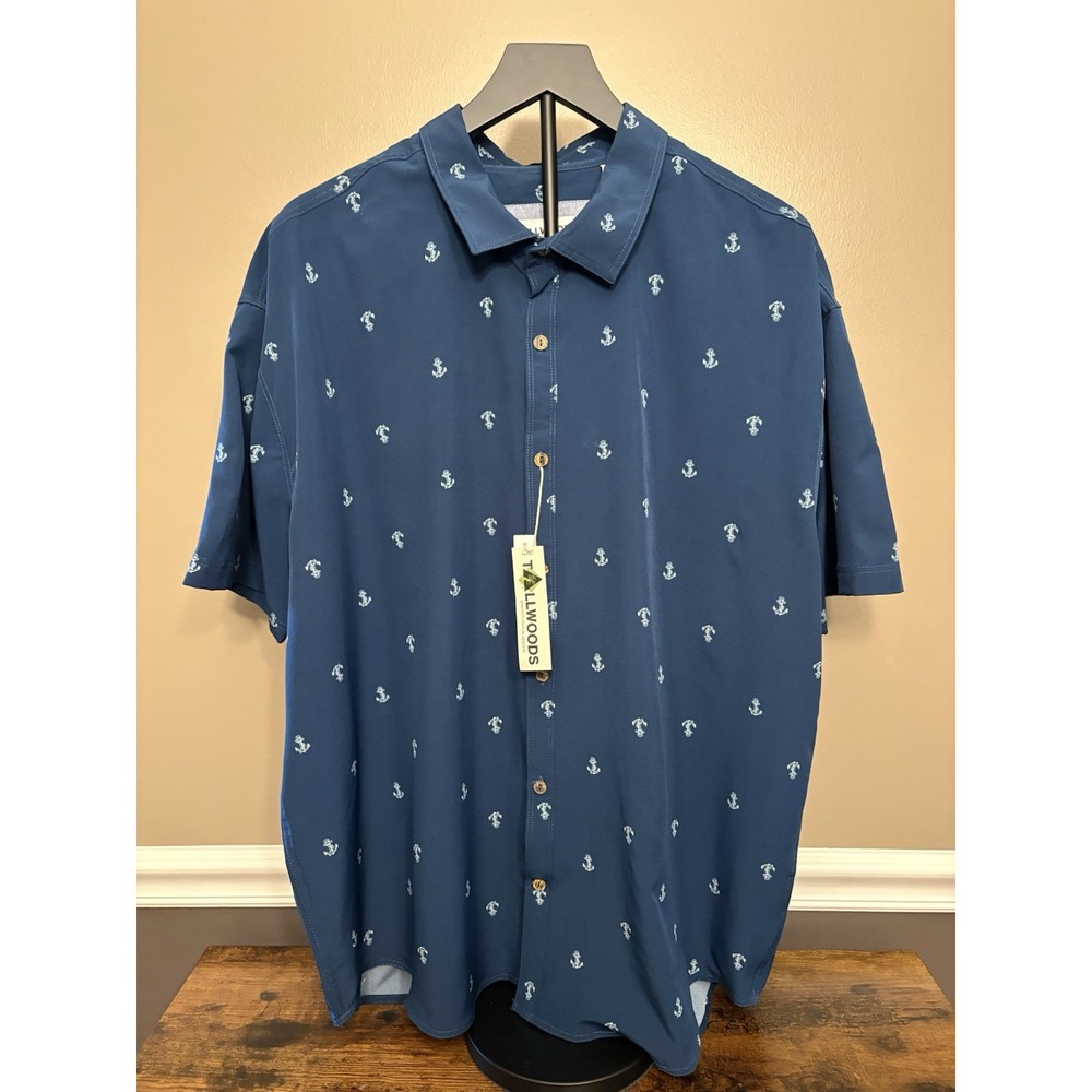 Tallwoods Soft Stretch Anchor Logo Button Up Shirt Blue Travel Men's Size 3XL